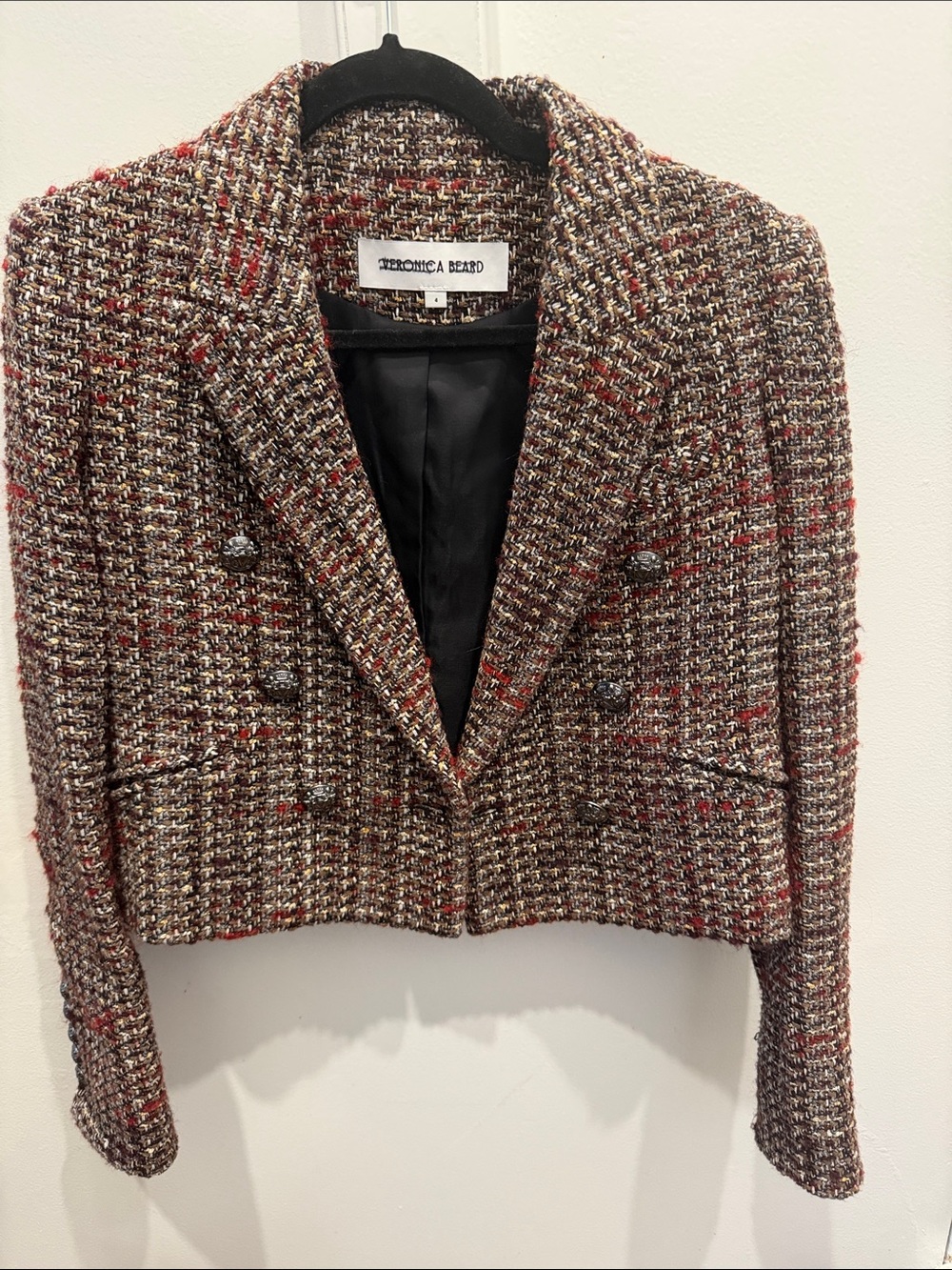 Veronica Beard Cropped Tweed Blazer in Brown and Red Houndstooth